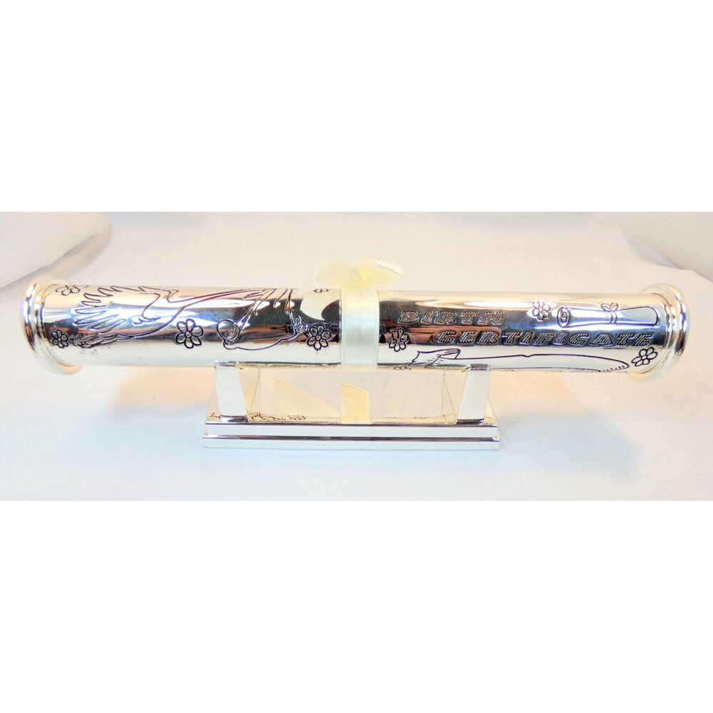 Beautiful Silver Plate Birth Certificate Holder w/Stand plus Blank Certificate
